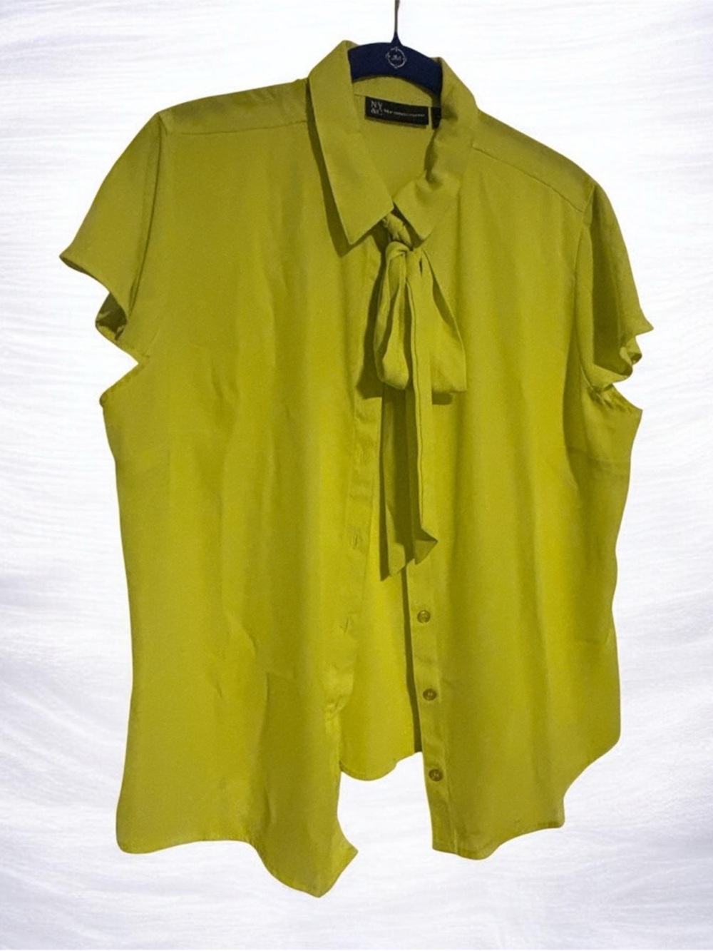 New York & Company Olive Tie-Neck Cap Sleeve Blouse